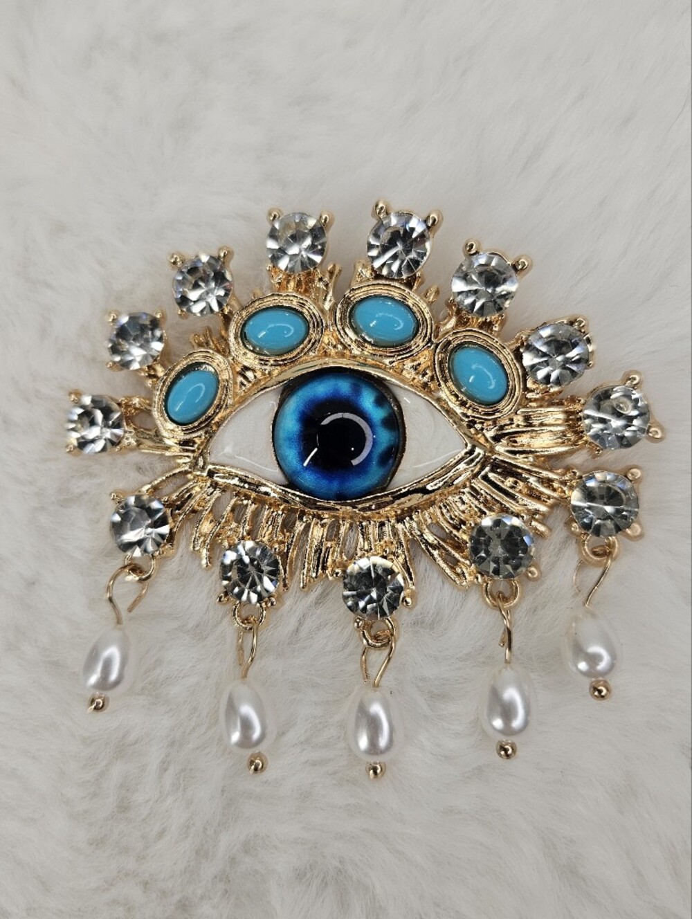 Gold-Tone Blue Evil Eye Brooch with Turquoise Accents and Pearls